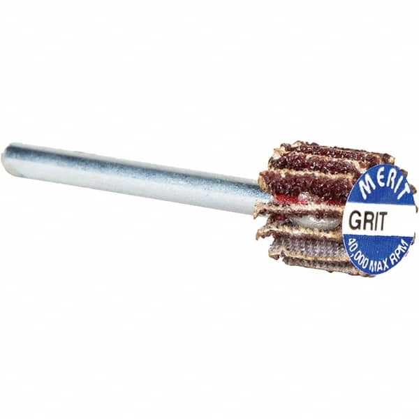 Merit Abrasives - 3/8" Diam x 3/8" Face Width, Very Fine Aluminum Oxide Coated Mounted Flap Wheel - 1/8" Shank Mount, 240 Grit, Cloth Backing, 40,000 Max RPM - Exact Tooling