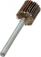 Merit Abrasives - 3/8" Diam x 3/8" Face Width, Extra Fine Aluminum Oxide Coated Mounted Flap Wheel - 1/8" Shank Mount, 320 Grit, Cloth Backing, 40,000 Max RPM - Exact Tooling