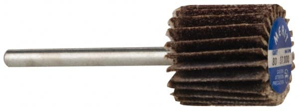 Merit Abrasives - 5/8" Diam x 5/8" Face Width, Medium Aluminum Oxide Coated Mounted Flap Wheel - 1/8" Shank Mount, 80 Grit, Cloth Backing, 37,000 Max RPM - Exact Tooling