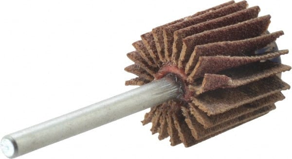Merit Abrasives - 5/8" Diam x 5/8" Face Width, Fine Aluminum Oxide Coated Mounted Flap Wheel - 1/8" Shank Mount, 120 Grit, Cloth Backing, 37,000 Max RPM - Exact Tooling