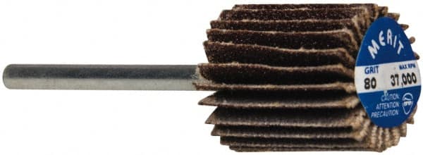 Merit Abrasives - 5/8" Diam x 3/4" Face Width, Medium Aluminum Oxide Coated Mounted Flap Wheel - 1/8" Shank Mount, 80 Grit, Cloth Backing, 37,000 Max RPM - Exact Tooling