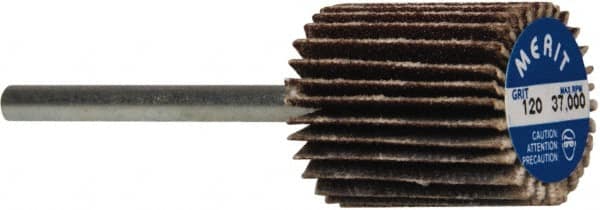 Merit Abrasives - 5/8" Diam x 3/4" Face Width, Fine Aluminum Oxide Coated Mounted Flap Wheel - 1/8" Shank Mount, 120 Grit, Cloth Backing, 37,000 Max RPM - Exact Tooling