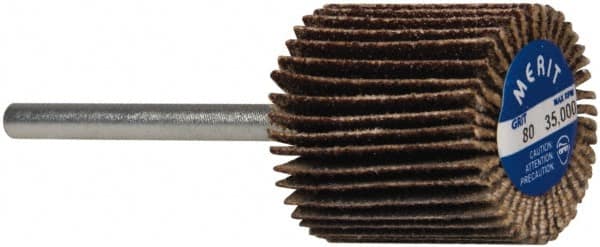 Merit Abrasives - 3/4" Diam x 3/4" Face Width, Medium Aluminum Oxide Coated Mounted Flap Wheel - 1/8" Shank Mount, 80 Grit, Cloth Backing, 35,000 Max RPM - Exact Tooling