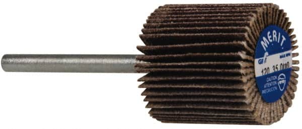 Merit Abrasives - 3/4" Diam x 3/4" Face Width, Fine Aluminum Oxide Coated Mounted Flap Wheel - 1/8" Shank Mount, 120 Grit, Cloth Backing, 35,000 Max RPM - Exact Tooling