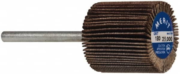 Merit Abrasives - 3/4" Diam x 3/4" Face Width, Very Fine Aluminum Oxide Coated Mounted Flap Wheel - 1/8" Shank Mount, 180 Grit, Cloth Backing, 35,000 Max RPM - Exact Tooling