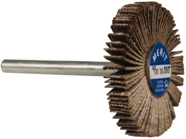 Merit Abrasives - 1-3/16" Diam x 3/16" Face Width, Fine Aluminum Oxide Coated Mounted Flap Wheel - 1/8" Shank Mount, 120 Grit, Cloth Backing, 30,000 Max RPM - Exact Tooling