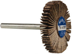 Merit Abrasives - 1-3/16" Diam x 3/16" Face Width, Fine Aluminum Oxide Coated Mounted Flap Wheel - 1/8" Shank Mount, 120 Grit, Cloth Backing, 30,000 Max RPM - Exact Tooling
