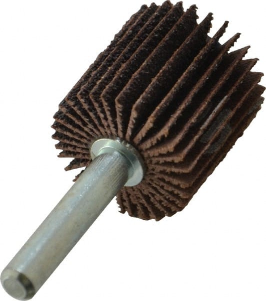 Merit Abrasives - 1" Diam x 1" Face Width, Medium Aluminum Oxide Coated Mounted Flap Wheel - 1/4" Shank Mount, 60 Grit, Cloth Backing, 30,000 Max RPM - Exact Tooling