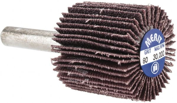 Merit Abrasives - 1" Diam x 1" Face Width, Medium Aluminum Oxide Coated Mounted Flap Wheel - 1/4" Shank Mount, 80 Grit, Cloth Backing, 30,000 Max RPM - Exact Tooling
