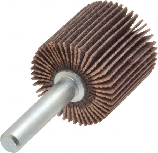 Merit Abrasives - 1" Diam x 1" Face Width, Very Fine Aluminum Oxide Coated Mounted Flap Wheel - 1/4" Shank Mount, 180 Grit, Cloth Backing, 30,000 Max RPM - Exact Tooling