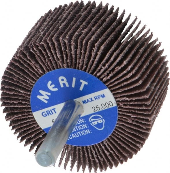 Merit Abrasives - 2" Diam x 1" Face Width, Medium Aluminum Oxide Coated Mounted Flap Wheel - 1/4" Shank Mount, 60 Grit, Cloth Backing, 25,000 Max RPM - Exact Tooling