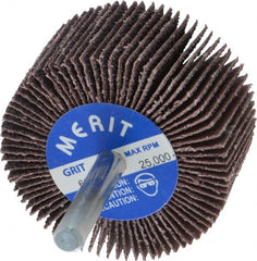 Merit Abrasives - 2" Diam x 1" Face Width, Medium Aluminum Oxide Coated Mounted Flap Wheel - 1/4" Shank Mount, 60 Grit, Cloth Backing, 25,000 Max RPM - Exact Tooling