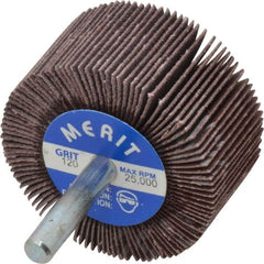 Merit Abrasives - 2" Diam x 1" Face Width, Fine Aluminum Oxide Coated Mounted Flap Wheel - 1/4" Shank Mount, 120 Grit, Cloth Backing, 25,000 Max RPM - Exact Tooling