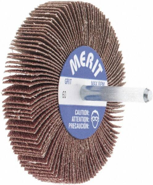 Merit Abrasives - 3" Diam x 1/2" Face Width, Medium Aluminum Oxide Coated Mounted Flap Wheel - 1/4" Shank Mount, 60 Grit, Cloth Backing, 20,000 Max RPM - Exact Tooling