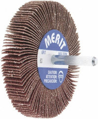 Merit Abrasives - 3" Diam x 1/2" Face Width, Medium Aluminum Oxide Coated Mounted Flap Wheel - 1/4" Shank Mount, 60 Grit, Cloth Backing, 20,000 Max RPM - Exact Tooling