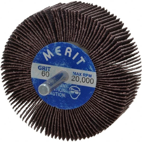 Merit Abrasives - 3" Diam x 1" Face Width, Medium Aluminum Oxide Coated Mounted Flap Wheel - 1/4" Shank Mount, 60 Grit, Cloth Backing, 20,000 Max RPM - Exact Tooling