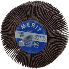 Merit Abrasives - 3" Diam x 1" Face Width, Medium Aluminum Oxide Coated Mounted Flap Wheel - 1/4" Shank Mount, 60 Grit, Cloth Backing, 20,000 Max RPM - Exact Tooling