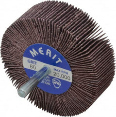 Merit Abrasives - 3" Diam x 1" Face Width, Medium Aluminum Oxide Coated Mounted Flap Wheel - 1/4" Shank Mount, 80 Grit, Cloth Backing, 20,000 Max RPM - Exact Tooling