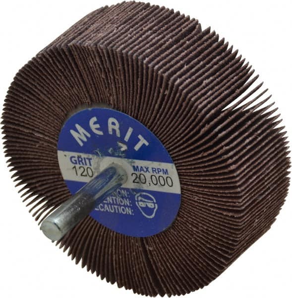 Merit Abrasives - 3" Diam x 1" Face Width, Fine Aluminum Oxide Coated Mounted Flap Wheel - 1/4" Shank Mount, 120 Grit, Cloth Backing, 20,000 Max RPM - Exact Tooling