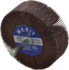 Merit Abrasives - 3" Diam x 1" Face Width, Fine Aluminum Oxide Coated Mounted Flap Wheel - 1/4" Shank Mount, 120 Grit, Cloth Backing, 20,000 Max RPM - Exact Tooling