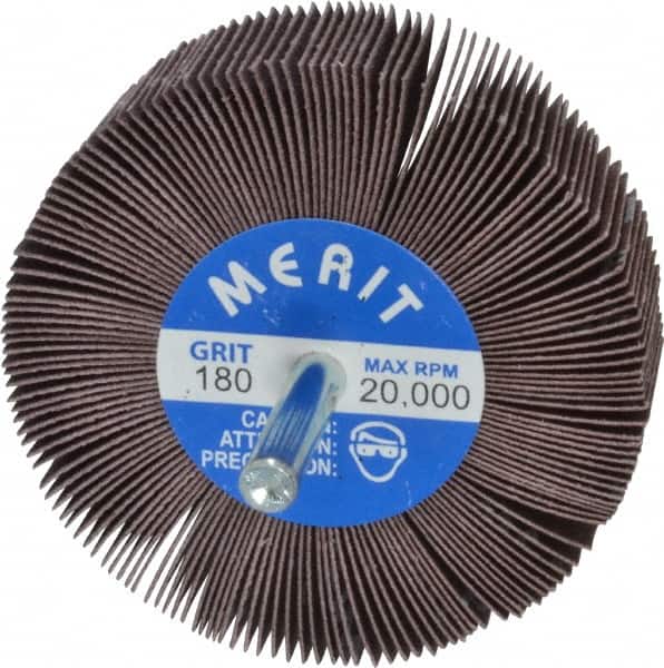 Merit Abrasives - 3" Diam x 1" Face Width, Very Fine Aluminum Oxide Coated Mounted Flap Wheel - 1/4" Shank Mount, 180 Grit, Cloth Backing, 20,000 Max RPM - Exact Tooling