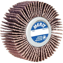 Merit Abrasives - 3" Diam x 1" Face Width, Very Fine Aluminum Oxide Coated Mounted Flap Wheel - 1/4-20 Threaded Mount, 180 Grit, Cloth Backing, 20,000 Max RPM - Exact Tooling