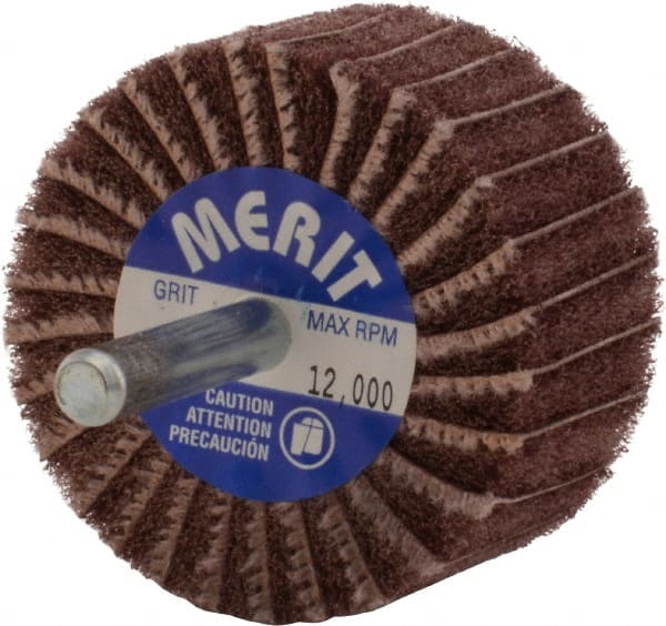 Merit Abrasives - 2" Diam x 1" Face Width, Very Fine Aluminum Oxide Nonwoven & Coated Mounted Flap Wheel - 1/4" Shank Mount, 180 Grit, Interleaf, X Weighted Cloth Backing, 12,000 Max RPM - Exact Tooling