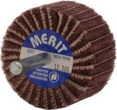 Merit Abrasives - 2" Diam x 1" Face Width, Very Fine Aluminum Oxide Nonwoven & Coated Mounted Flap Wheel - 1/4" Shank Mount, 180 Grit, Interleaf, X Weighted Cloth Backing, 12,000 Max RPM - Exact Tooling