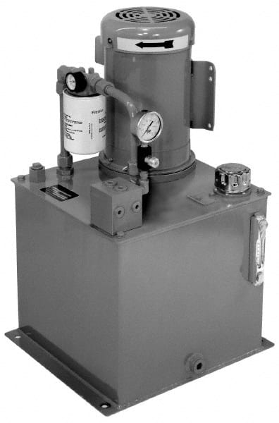 Parker - 2 hp, 2,310 Max psi, 1.3 GPM, Hydraulic Power Unit - 5 Gal Tank, 15" Wide x 22-1/2" High, 208 to 230/460 Volt, 5.7 to 5.4/2.7 Amp - Exact Tooling