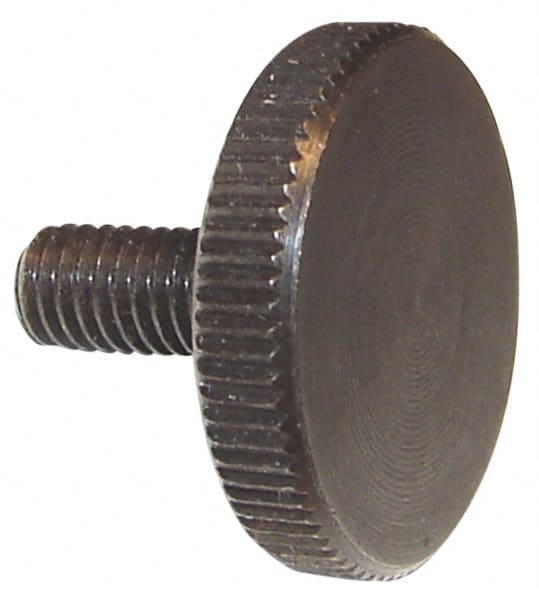 Morton Machine Works - M8x1.25 Knurled Shoulderless Grade C-1018 Steel Thumb Screw - 22mm OAL, 30mm Head Diam x 6mm Head Height, Black Oxide Finish - Exact Tooling