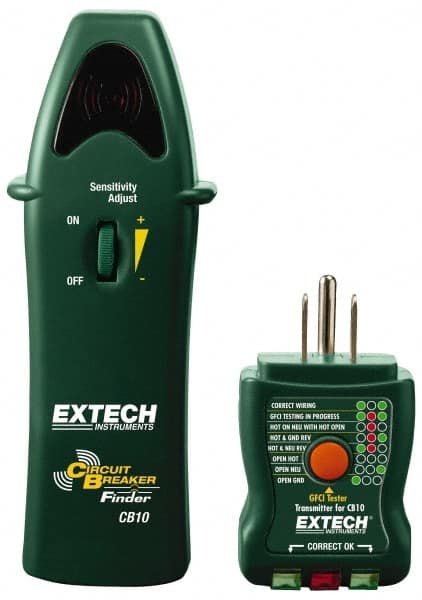 Extech - 110 to 125 VAC, 47 to 63 Hz, LED Display Circuit Breaker Finder - 9 Volt, Includes Battery, GFCI Transmitter, Receiver - Exact Tooling