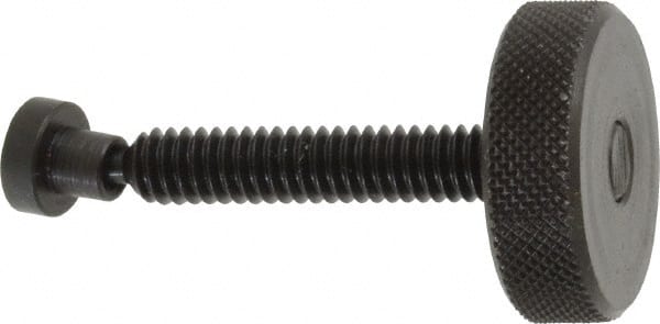 Gibraltar - 1/4-20 Knurled Shoulderless Swivel Pad Tip Grade C-12L14 Steel Thumb Screw - 1.9" OAL, 1" Head Diam x 5/16" Head Height, Black Oxide Finish - Exact Tooling