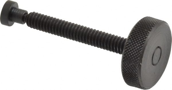 Gibraltar - 1/4-20 Knurled Shoulderless Swivel Pad Tip Grade C-12L14 Steel Thumb Screw - 2.4" OAL, 1" Head Diam x 5/16" Head Height, Black Oxide Finish - Exact Tooling