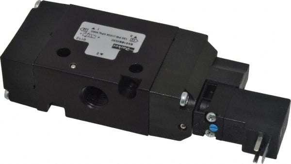 Parker - 1/4", 3-Way Body Ported Stacking Solenoid Valve - 120 VAC, 1.4 CV Rate, Air Return, 2.4" High x 5.29" Long - Exact Tooling