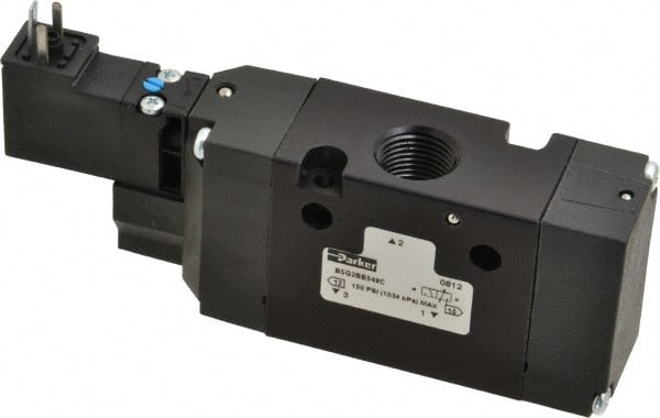 Parker - 3/8", 3-Way Body Ported Stacking Solenoid Valve - 24 VDC, 1.4 CV Rate, Air Return, 2.4" High x 5.29" Long - Exact Tooling