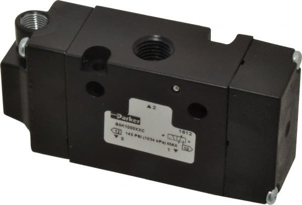 Parker - 1/4", 3-Way Body Ported Stacking Solenoid Valve - 1.4 CV Rate, Air Return, 1.89" High x 3.88" Long - Exact Tooling