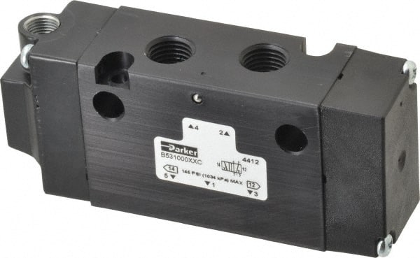 Parker - 1/4", 4-Way Body Ported Stacking Solenoid Valve - 1.4 CV Rate, Air Return, 1.89" High x 4.37" Long - Exact Tooling