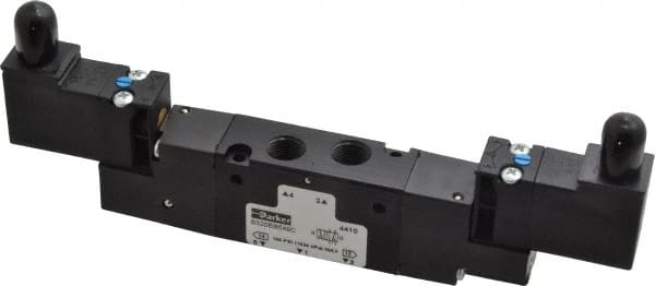 Parker - 1/8", 4-Way Body Ported Stacking Solenoid Valve - 24 VDC, 0.75 CV Rate, 2.14" High x 6.44" Long - Exact Tooling