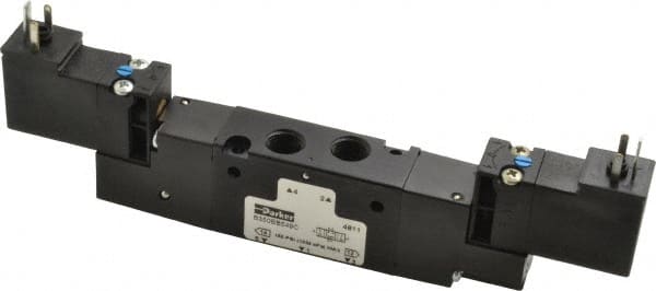 Parker - 1/8", 4-Way Body Ported Stacking Solenoid Valve - 24 VDC, 0.6 CV Rate, 2.14" High x 6.44" Long - Exact Tooling