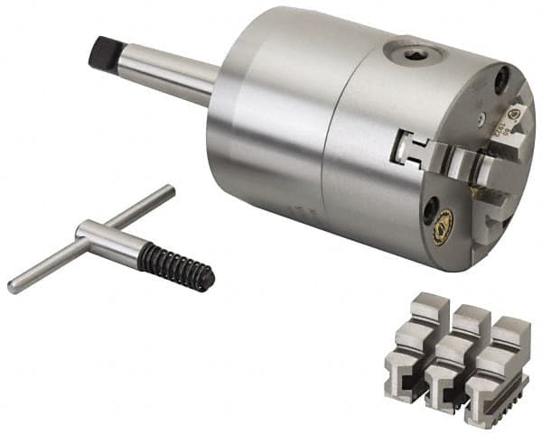 Bison - 3 Jaws, 4" Diam, Self Centering Manual Lathe Chuck - 3MT Mount Spindle, Adjustable, Reversible, 2,500 Max RPM, 1.18" Through Hole Diam, Forged Steel - Exact Tooling