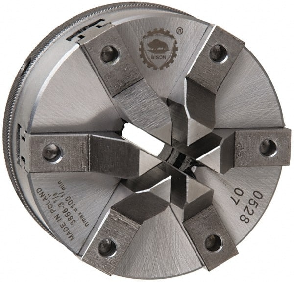 Bison - 6 Jaws, 4" Diam, Self Centering Manual Lathe Chuck - Plain Back Mount Spindle, 1,600 Max RPM, 1.2598" Through Hole Diam, 0.0006" Axial Runout, Forged Steel - Exact Tooling