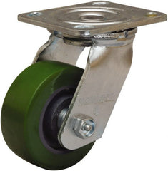 Hamilton - 4" Diam x 1-1/2" Wide x 5-5/8" OAH Top Plate Mount Swivel Caster - Polyurethane Mold onto Cast Iron Center, 550 Lb Capacity, Straight Roller Bearing, 4 x 4-1/2" Plate - Exact Tooling