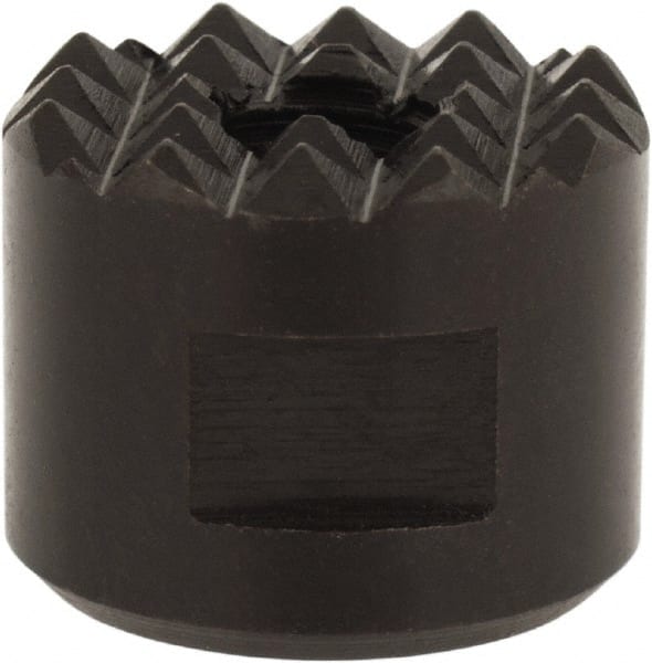 Fairlane - 1/4-28 Thread, 5/8" Diam, 1/2" High, Threaded, Fine Tooth Grade Diamond Serration Tooth Pattern, High Speed Steel, Round Positioning Gripper - 3/16" Flat Width, Black Oxide Coated - Exact Tooling