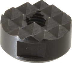 Fairlane - 1/4-28 Thread, 3/4" Diam, 3/8" High, Threaded, Coarse Tooth Grade Diamond Serration Tooth Pattern, High Speed Steel, Round Positioning Gripper - 3/16" Flat Width, Black Oxide Coated - Exact Tooling