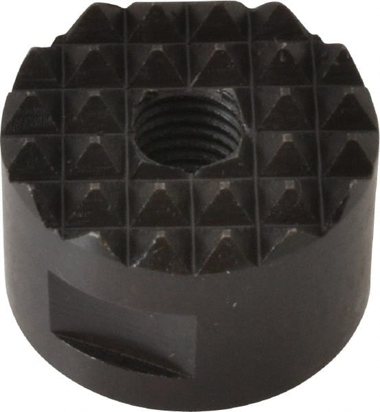 Fairlane - 1/4-28 Thread, 3/4" Diam, 1/2" High, Threaded, Fine Tooth Grade Diamond Serration Tooth Pattern, High Speed Steel, Round Positioning Gripper - 3/16" Flat Width, Black Oxide Coated - Exact Tooling