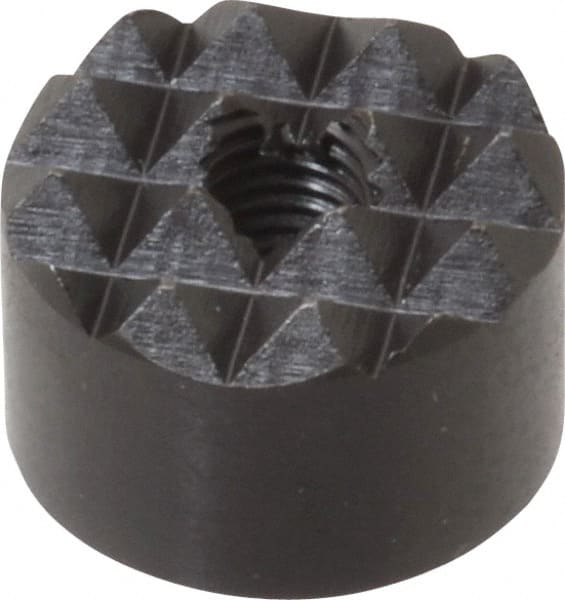 Fairlane - 1/4-28 Thread, 3/4" Diam, 1/2" High, Threaded, Coarse Tooth Grade Diamond Serration Tooth Pattern, High Speed Steel, Round Positioning Gripper - 3/16" Flat Width, Black Oxide Coated - Exact Tooling