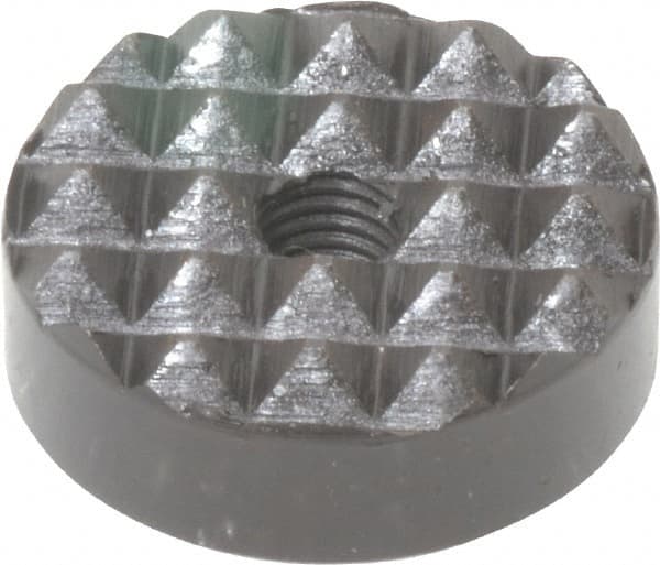 Fairlane - 1/4-28 Thread, 1" Diam, 3/8" High, Threaded, Coarse Tooth Grade Diamond Serration Tooth Pattern, High Speed Steel, Round Positioning Gripper - 3/16" Flat Width, Black Oxide Coated - Exact Tooling