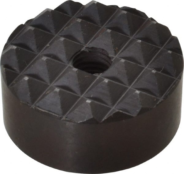 Fairlane - 1/4-28 Thread, 1" Diam, 1/2" High, Threaded, Coarse Tooth Grade Diamond Serration Tooth Pattern, High Speed Steel, Round Positioning Gripper - 3/16" Flat Width, Black Oxide Coated - Exact Tooling