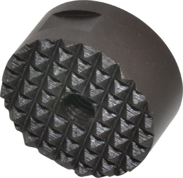 Fairlane - 1/4-28 Thread, 1" Diam, 1/2" High, Threaded, Fine Tooth Grade Diamond Serration Tooth Pattern, High Speed Steel, Round Positioning Gripper - 3/16" Flat Width, Black Oxide Coated - Exact Tooling