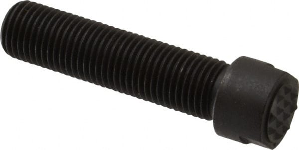 Fairlane - Serrated Tooth, 3/8-24, 1/8" Internal Hex, 1-1/2" Shank Length, 1-1/2" Thread Length, Black Oxide Finish, Round Head, Adjustable Positioning Gripper - 3/8" Pad Diam, 1/2" Hex, 0.15" Head Height, Extra Fine Tooth Grade - Exact Tooling